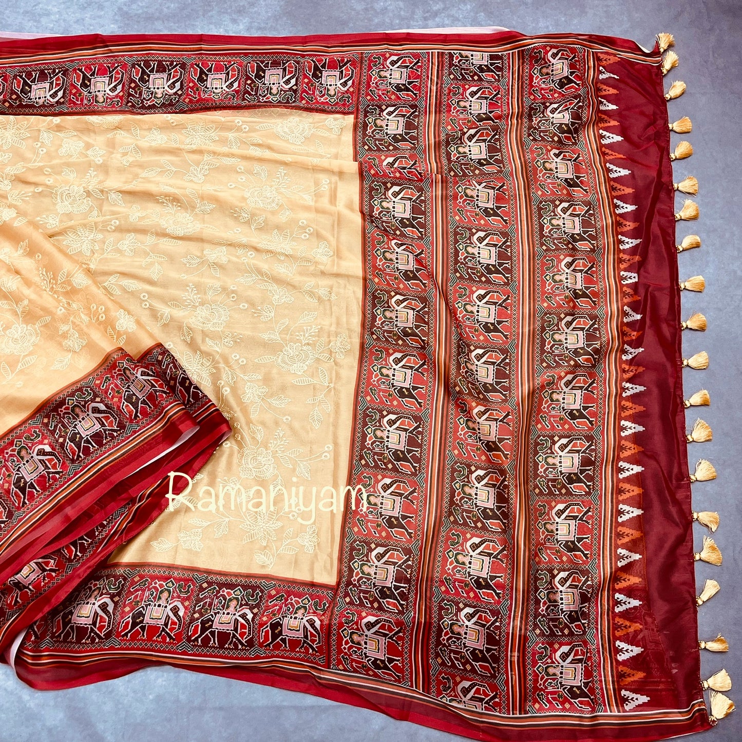 Yellow Patola Chikankari smooth georgette saree