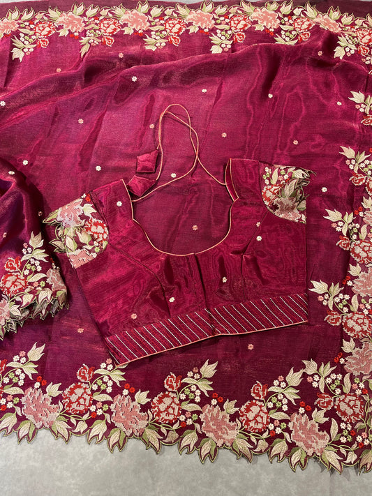 Georgette Tissue embroidery cutwork saree