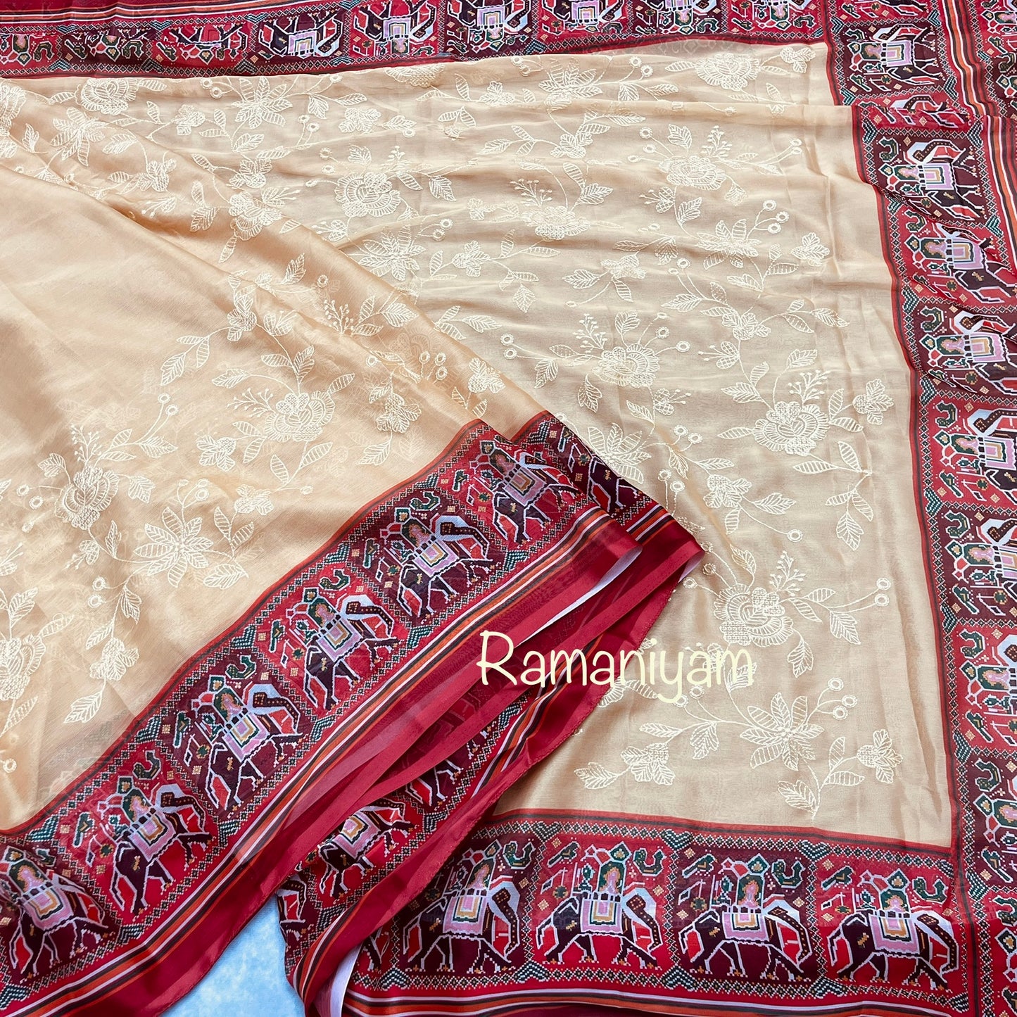 Yellow Patola Chikankari smooth georgette saree
