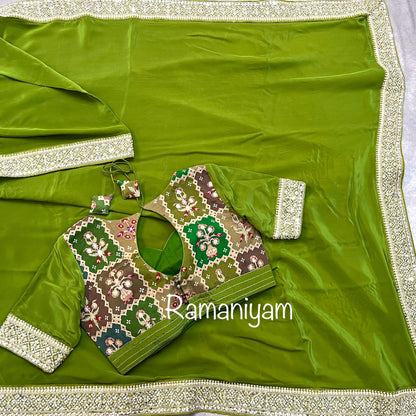 Emerald green crape party wear saree!