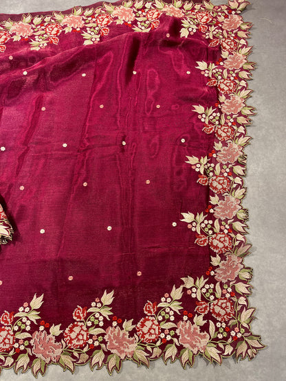 Georgette Tissue embroidery cutwork saree