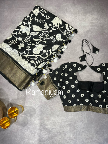 Dola silk Black and white kalamkari saree