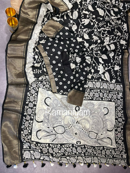 Dola silk Black and white kalamkari saree