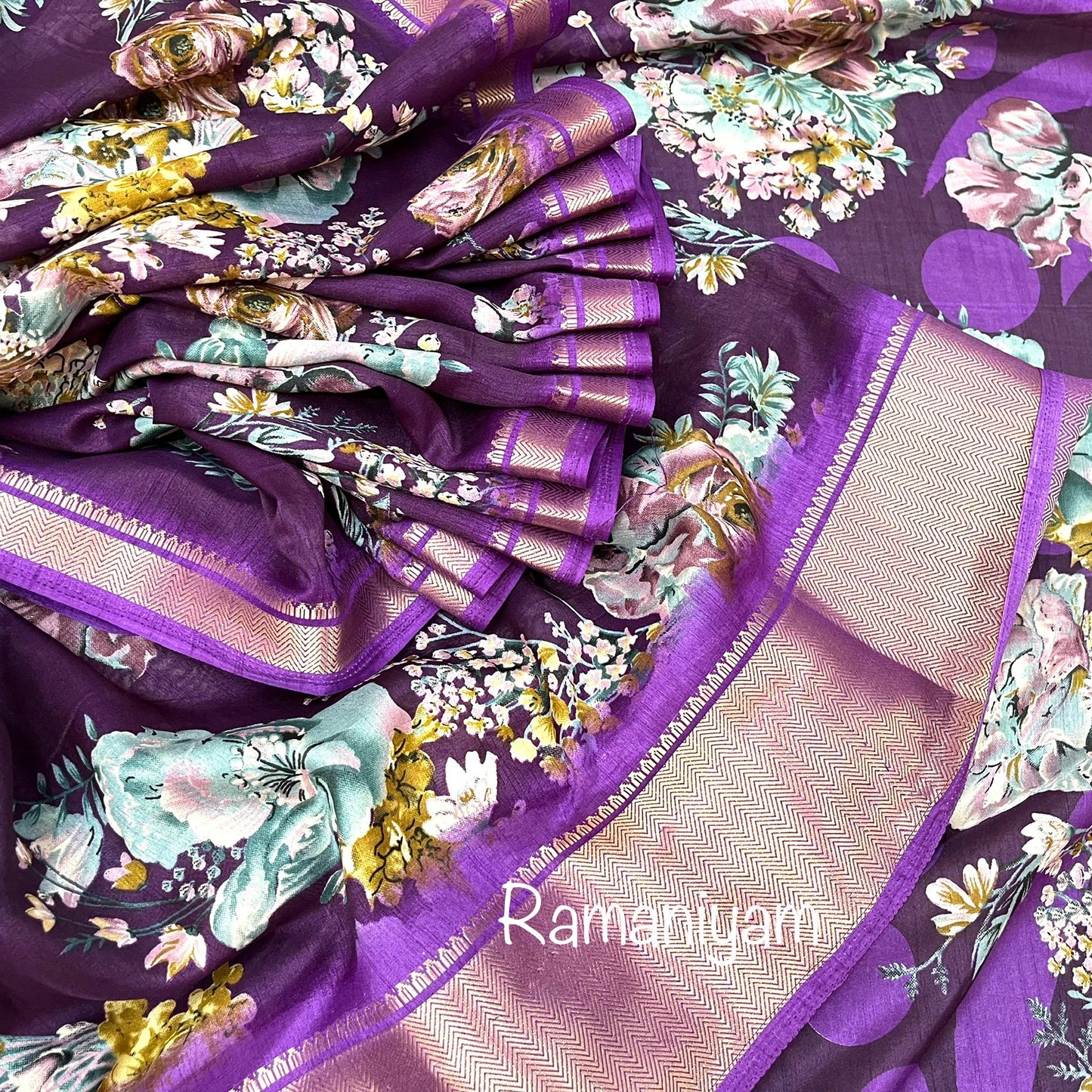 Purple floral print tussar saree