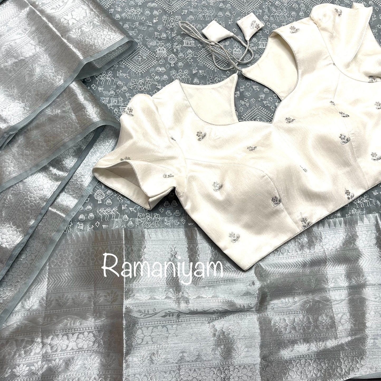Warli painting block printed Grey Organza lightweight saree