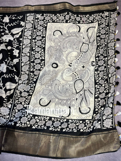 Dola silk Black and white kalamkari saree