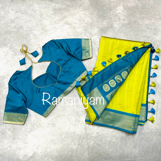 Pistachio green and Rama blue combination maharani Paithani saree