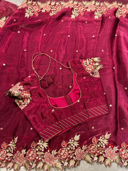Georgette Tissue embroidery cutwork saree