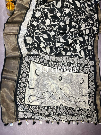 Dola silk Black and white kalamkari saree