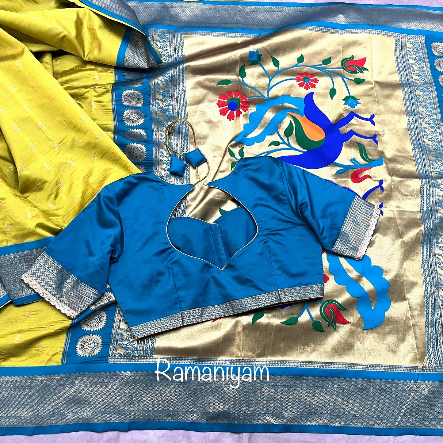 Pistachio green and Rama blue combination maharani Paithani saree