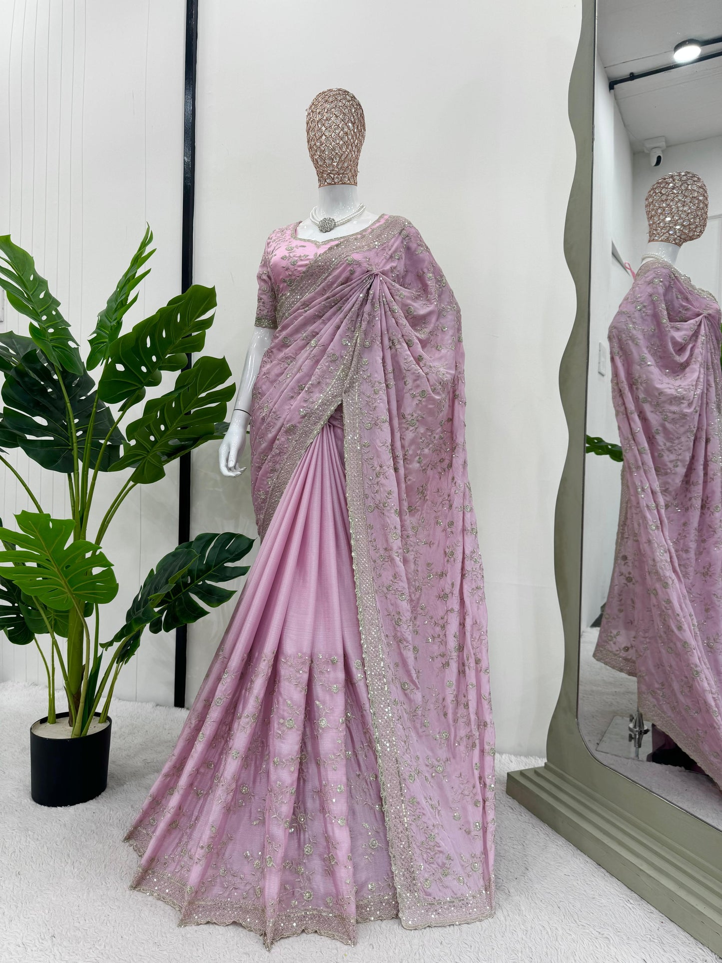 Party wear Rose pink chinon silk saree