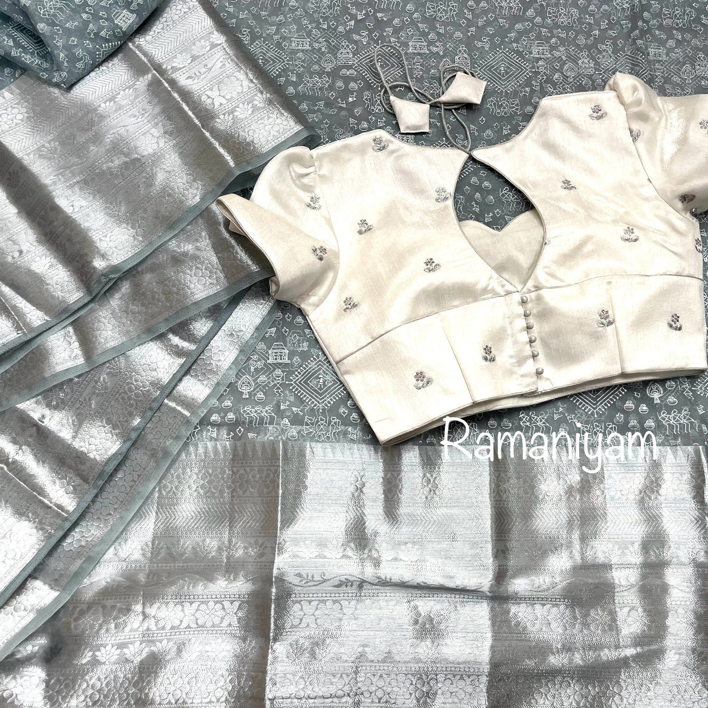 Warli painting block printed Grey Organza lightweight saree