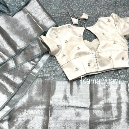 Warli painting block printed Grey Organza lightweight saree