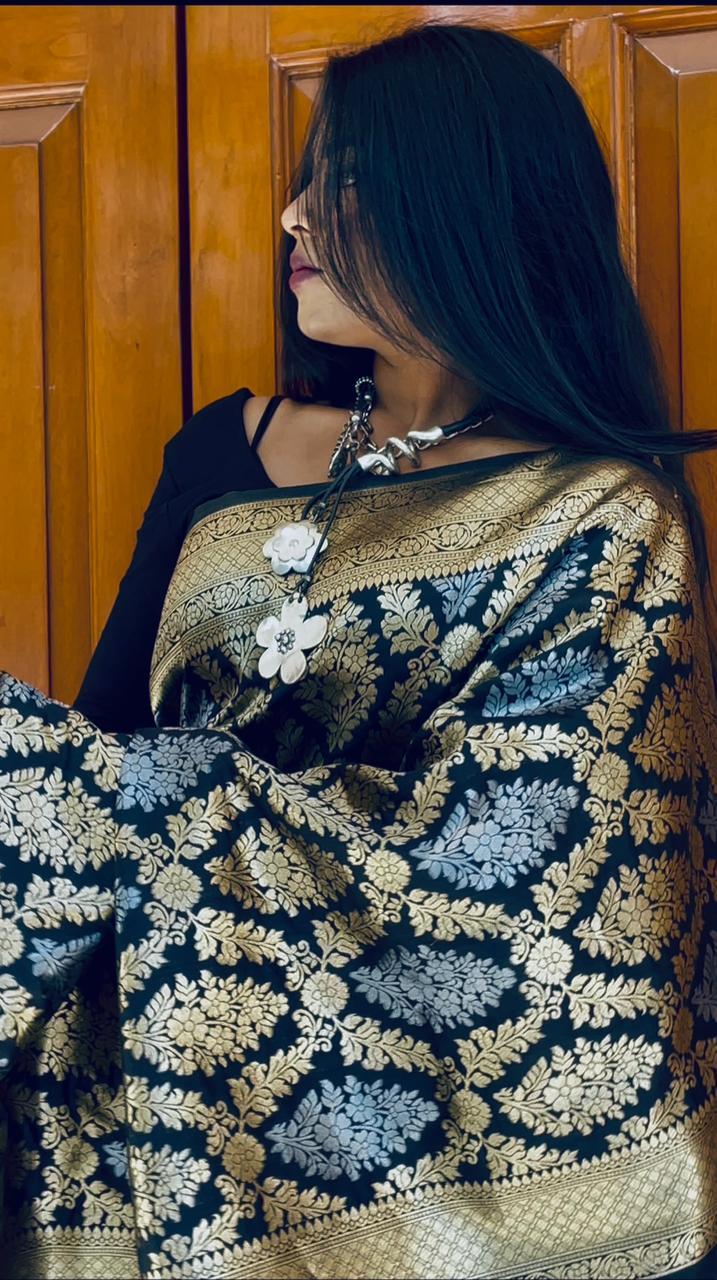 Black Banarasi with all over silver and gold jari weave