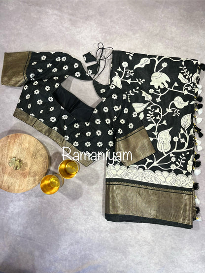 Dola silk Black and white kalamkari saree