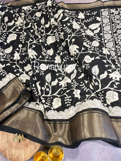 Dola silk Black and white kalamkari saree