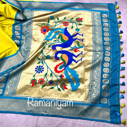 Pistachio green and Rama blue combination maharani Paithani saree