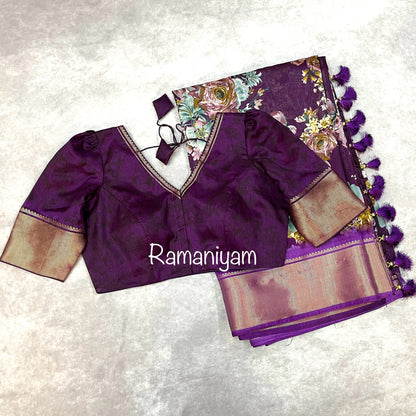 Purple floral print tussar saree