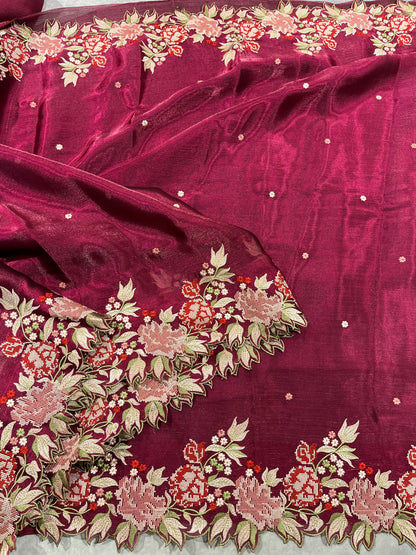 Georgette Tissue embroidery cutwork saree