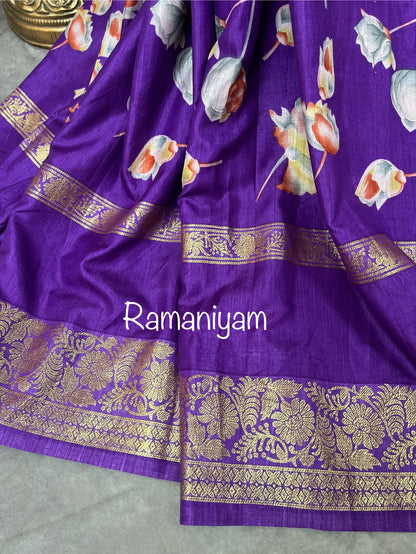 Purple floral print tussar saree