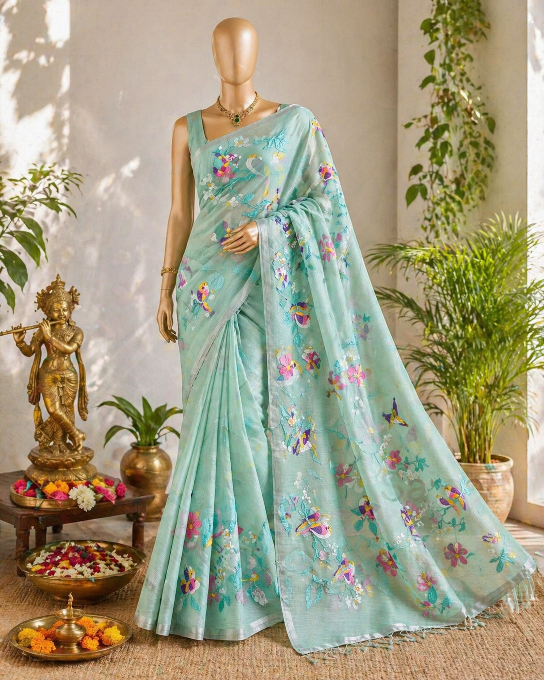 Mint green Kota embroidery saree with stitched blouse