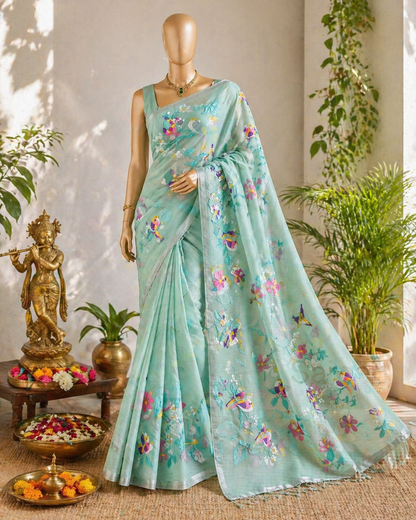Mint green Kota embroidery saree with stitched blouse