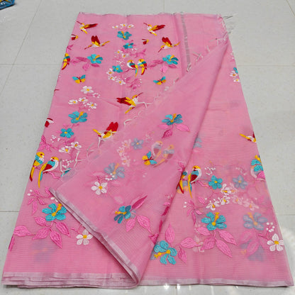 Rose pink Kota embroidery saree paired with a stitched blouse