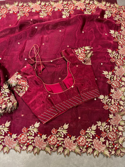 Georgette Tissue embroidery cutwork saree