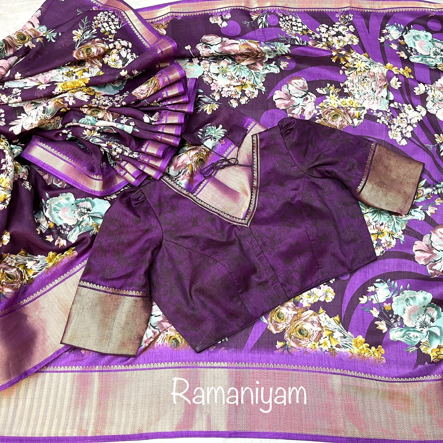 Purple floral print tussar saree