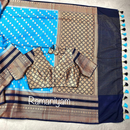 Banarasi soft silk - light blue and bark blue combination - Ramaniyam USA