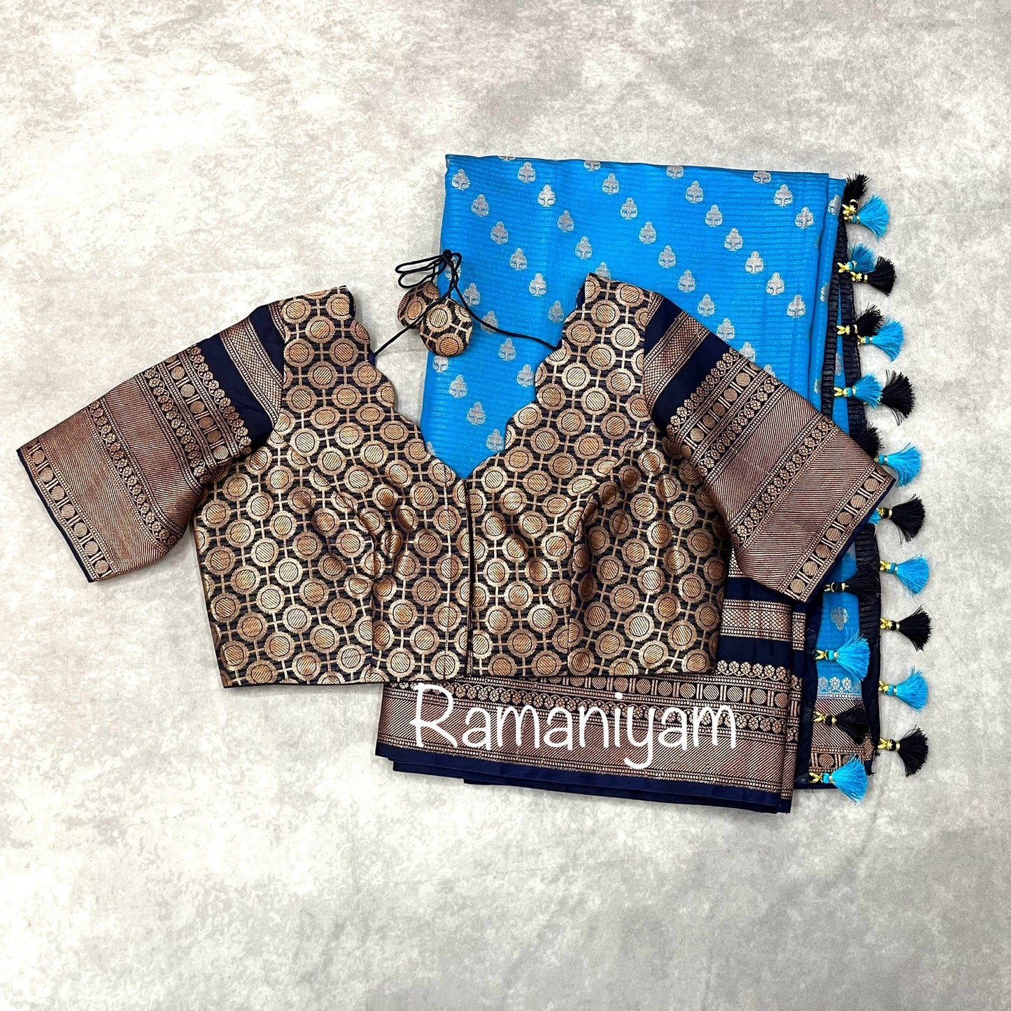 Banarasi soft silk - light blue and bark blue combination - Ramaniyam USA
