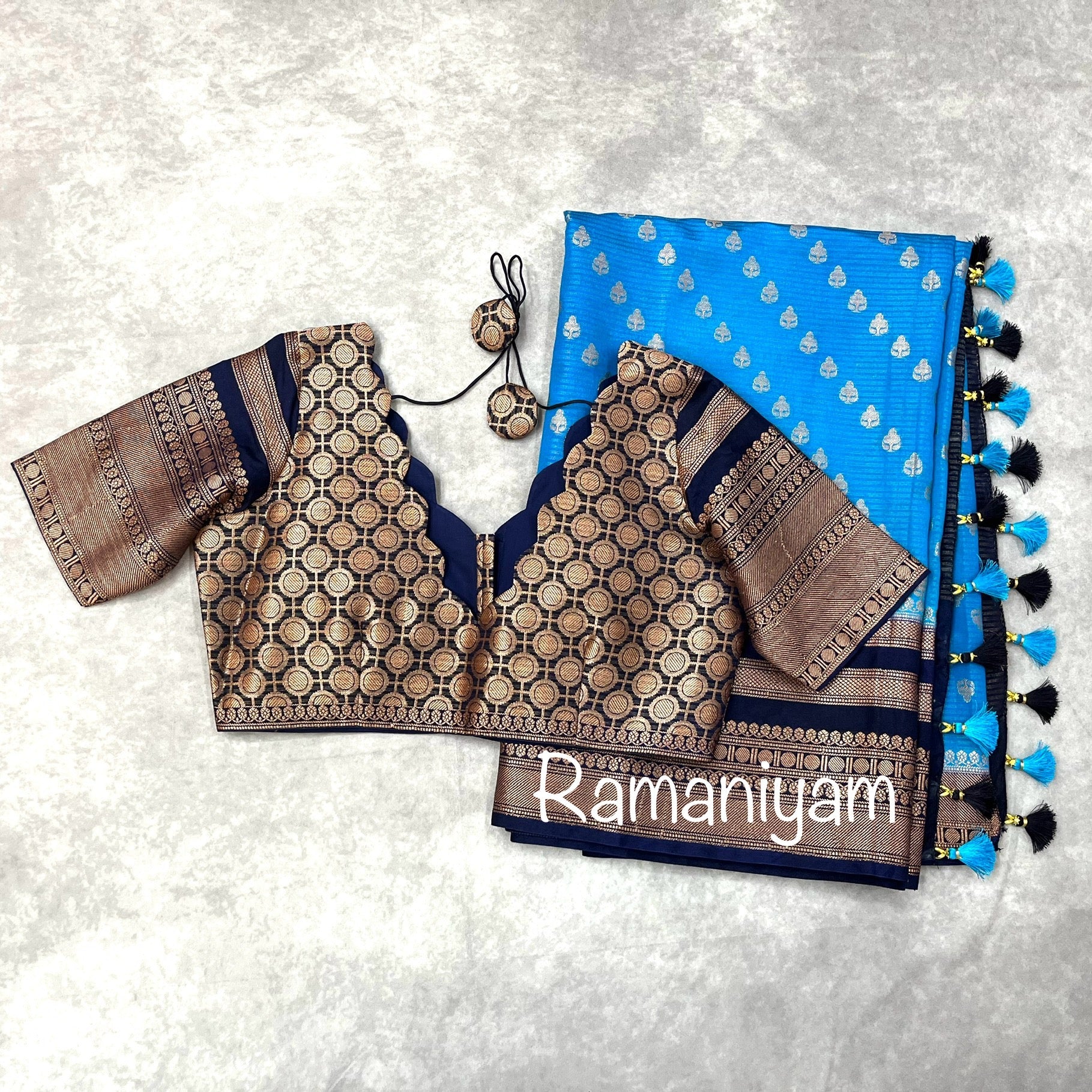 Banarasi soft silk - light blue and bark blue combination - Ramaniyam USA