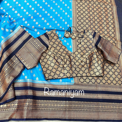 Banarasi soft silk - light blue and bark blue combination - Ramaniyam USA