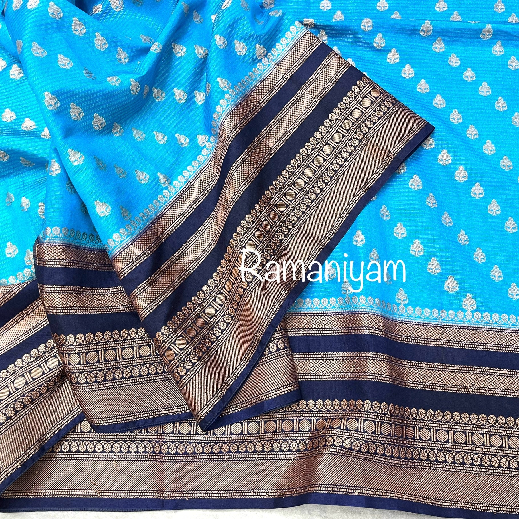 Banarasi soft silk - light blue and bark blue combination - Ramaniyam USA