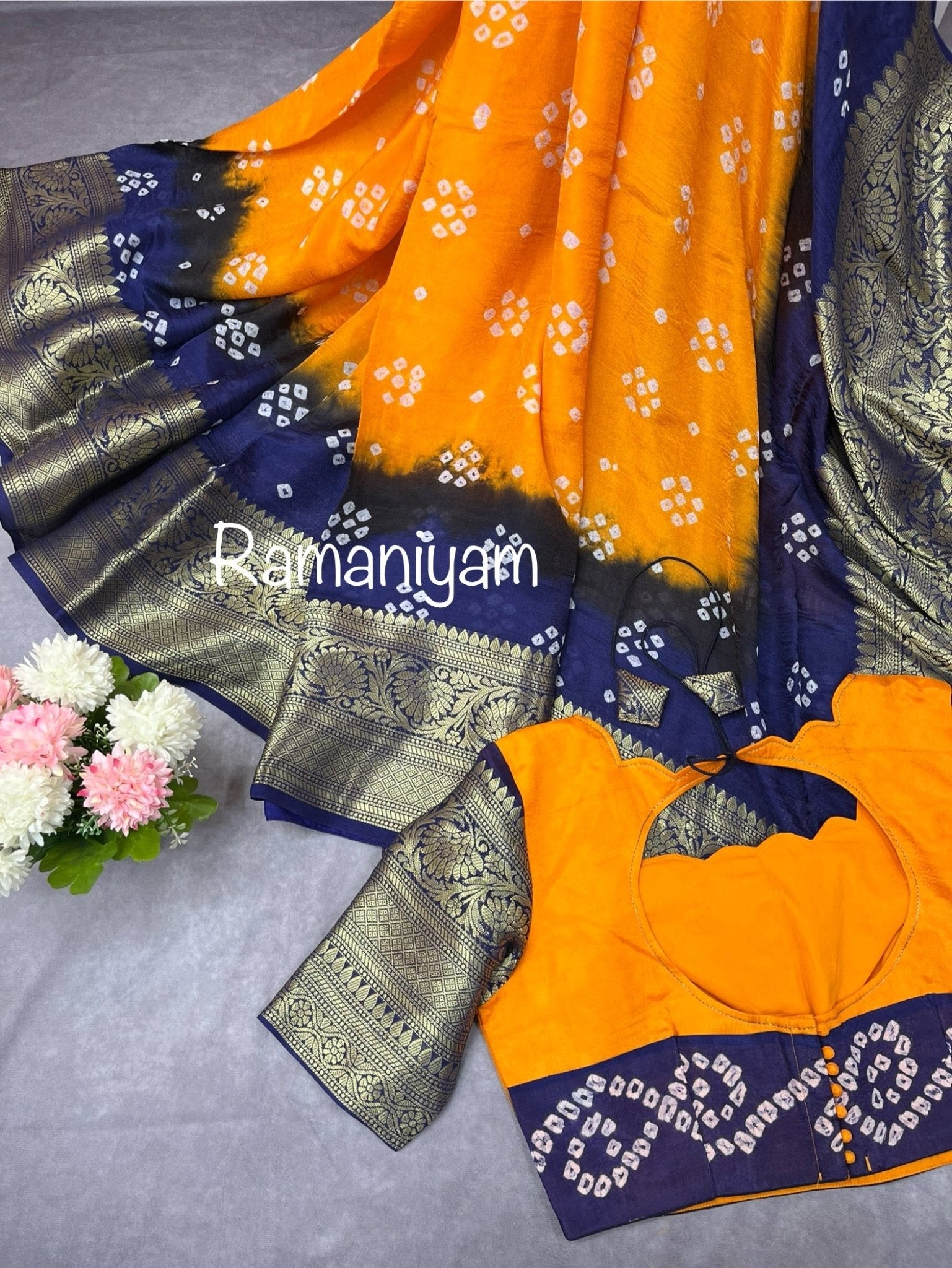 Bandhani dupion mustard yellow and navy blue - Ramaniyam USA