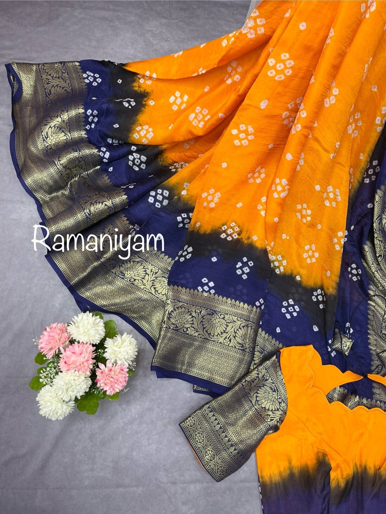 Bandhani dupion mustard yellow and navy blue - Ramaniyam USA
