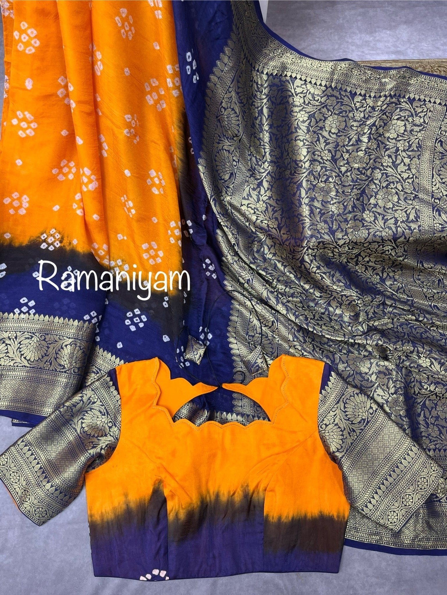 Bandhani dupion mustard yellow and navy blue - Ramaniyam USA