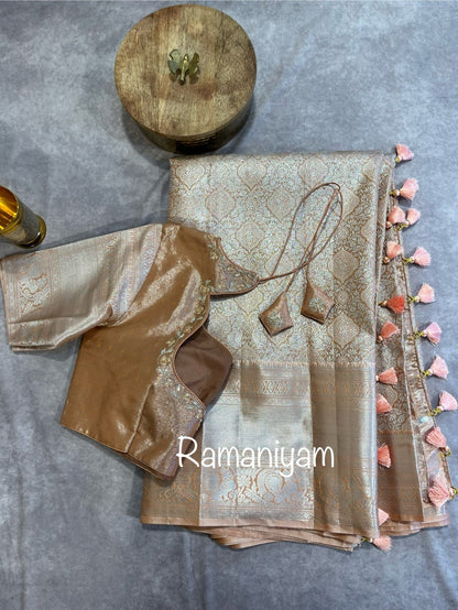 Beige and coral pink Kanchi tissue - Ramaniyam USA
