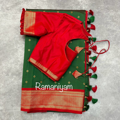 Bottle green and red maharani Paithani saree - Ramaniyam USA