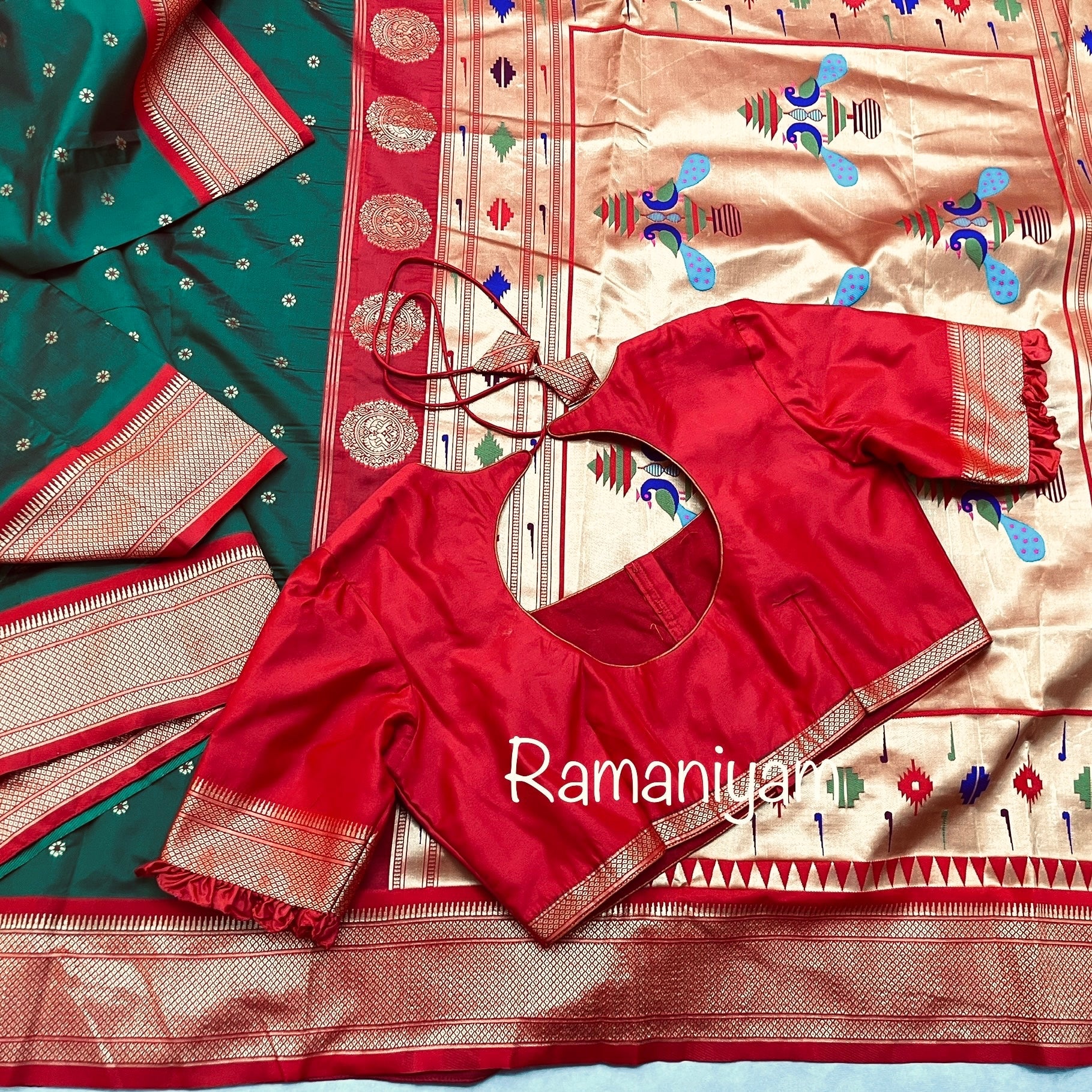 Bottle green and red maharani Paithani saree - Ramaniyam USA