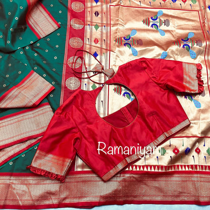 Bottle green and red maharani Paithani saree - Ramaniyam USA
