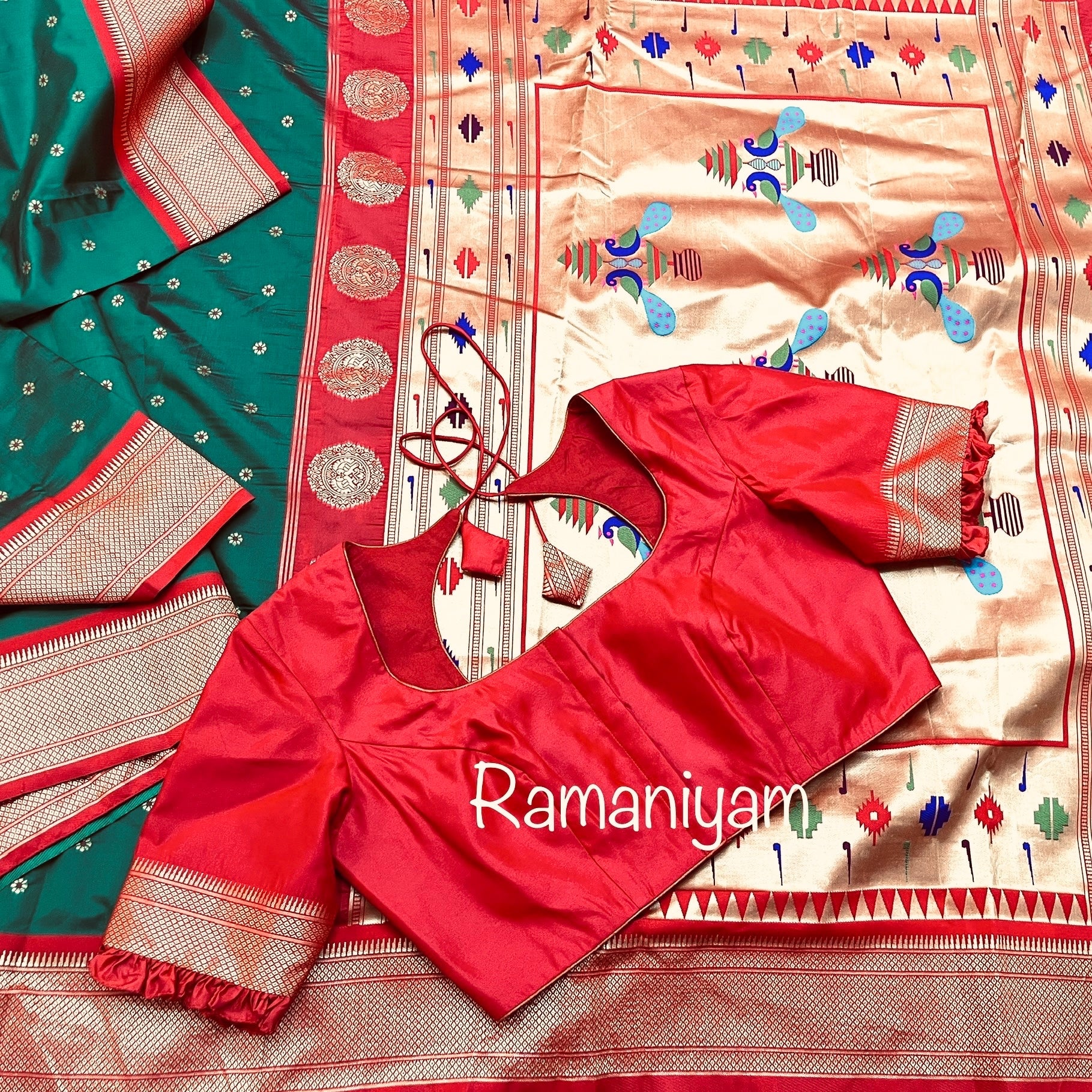 Bottle green and red maharani Paithani saree - Ramaniyam USA