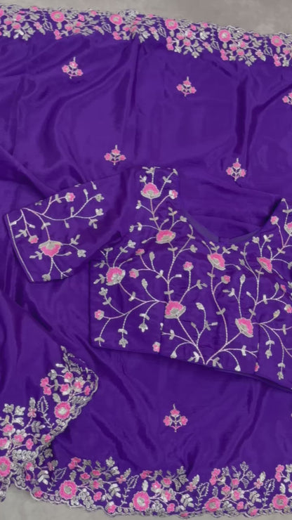 Crape Saree with delicate floral embroidery- Party wear